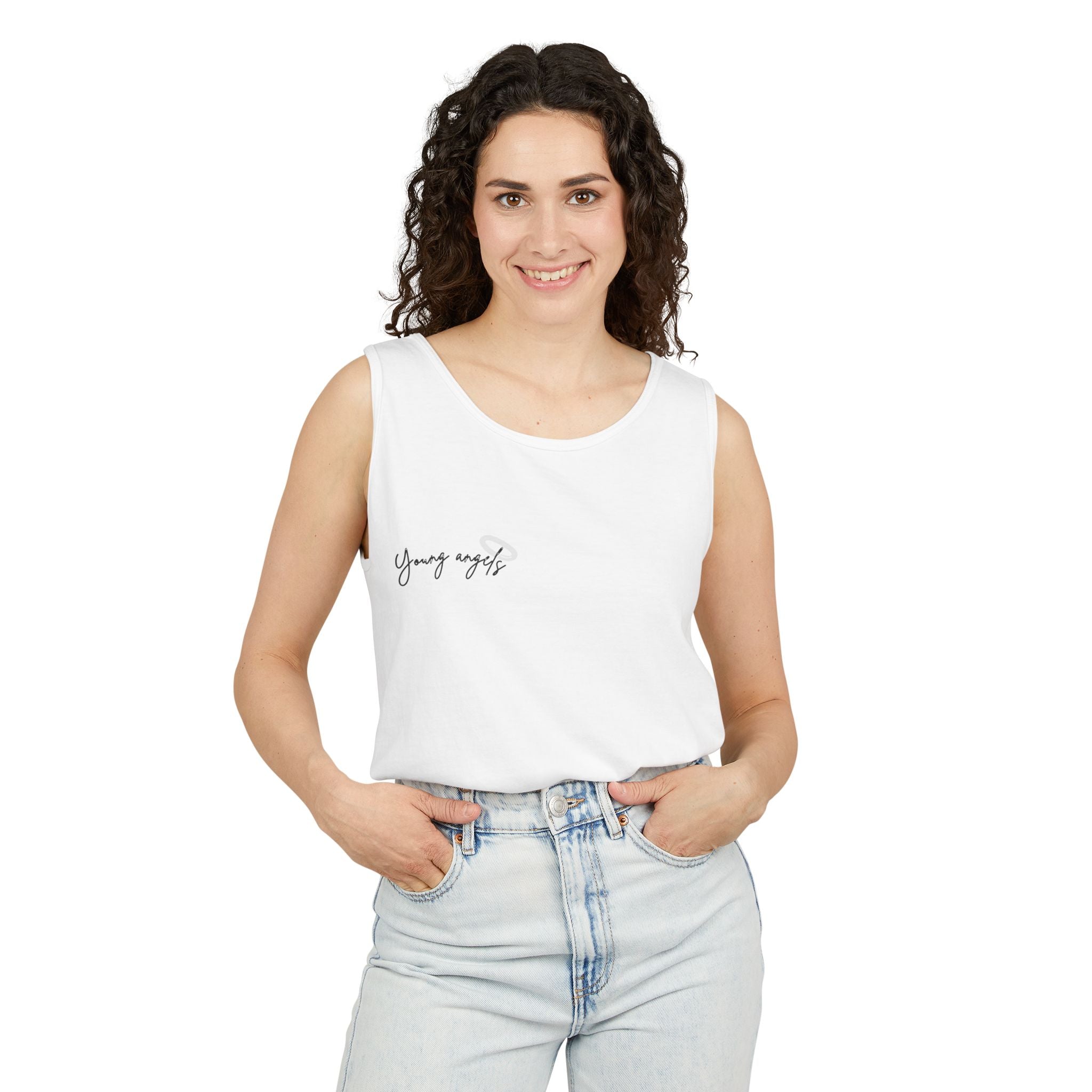 Young Angels Script Tank Top — Minimalist Spiritual Graphic Tank