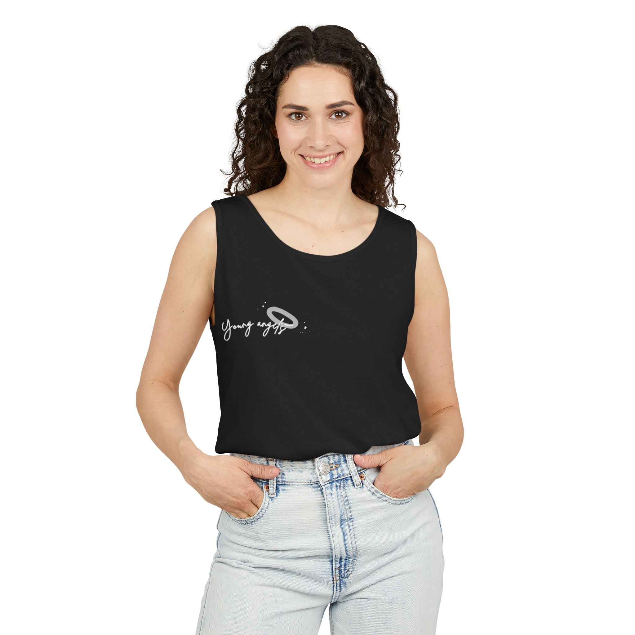 Young Angels Script Tank Top — Minimalist Spiritual Graphic Tank
