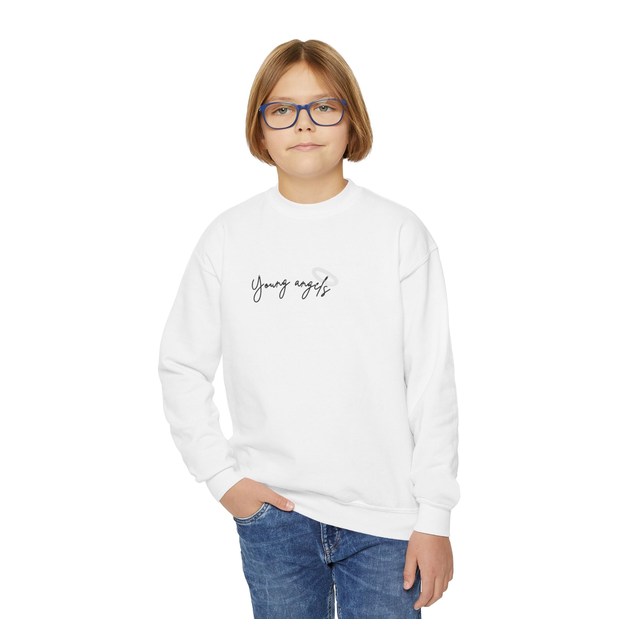Youth Crewneck Sweatshirt — 'Angel' Script with Halo Graphic