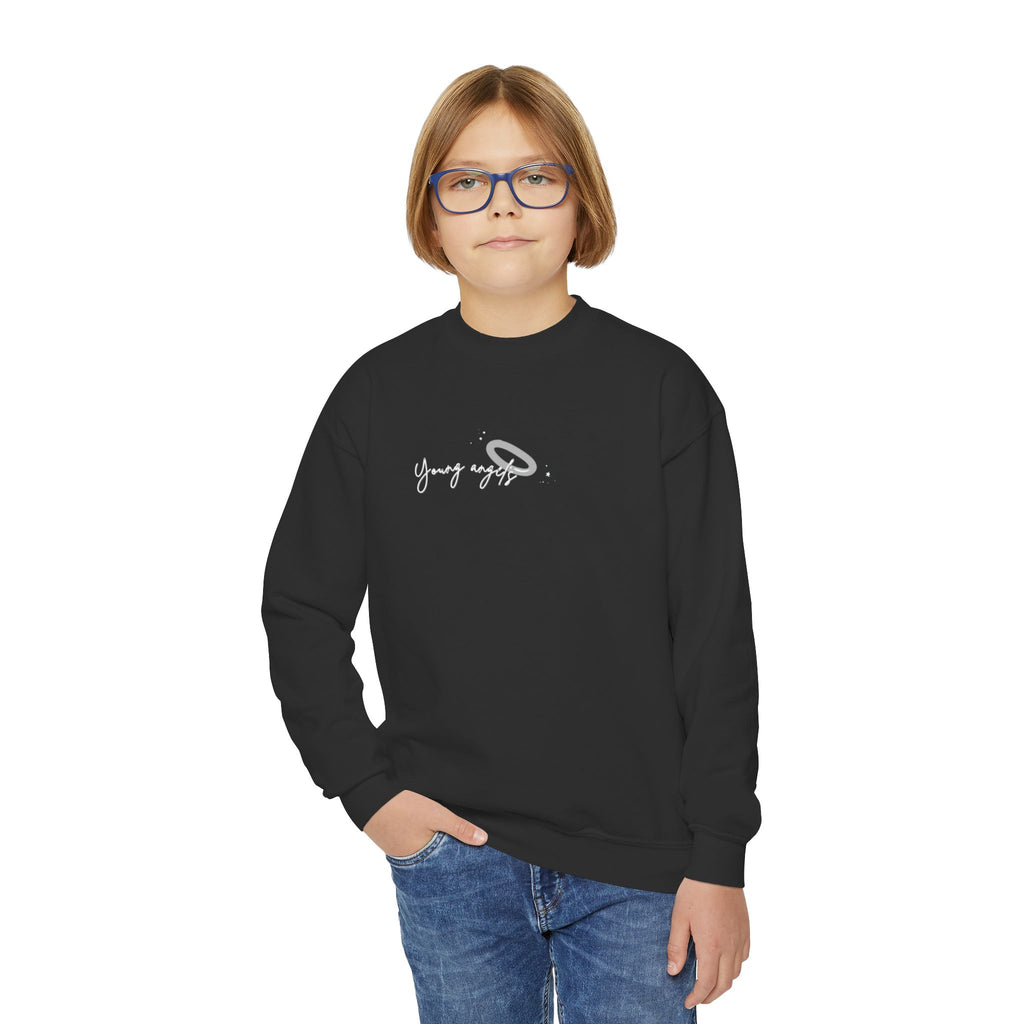 Youth Crewneck Sweatshirt — 'Angel' Script with Halo Graphic